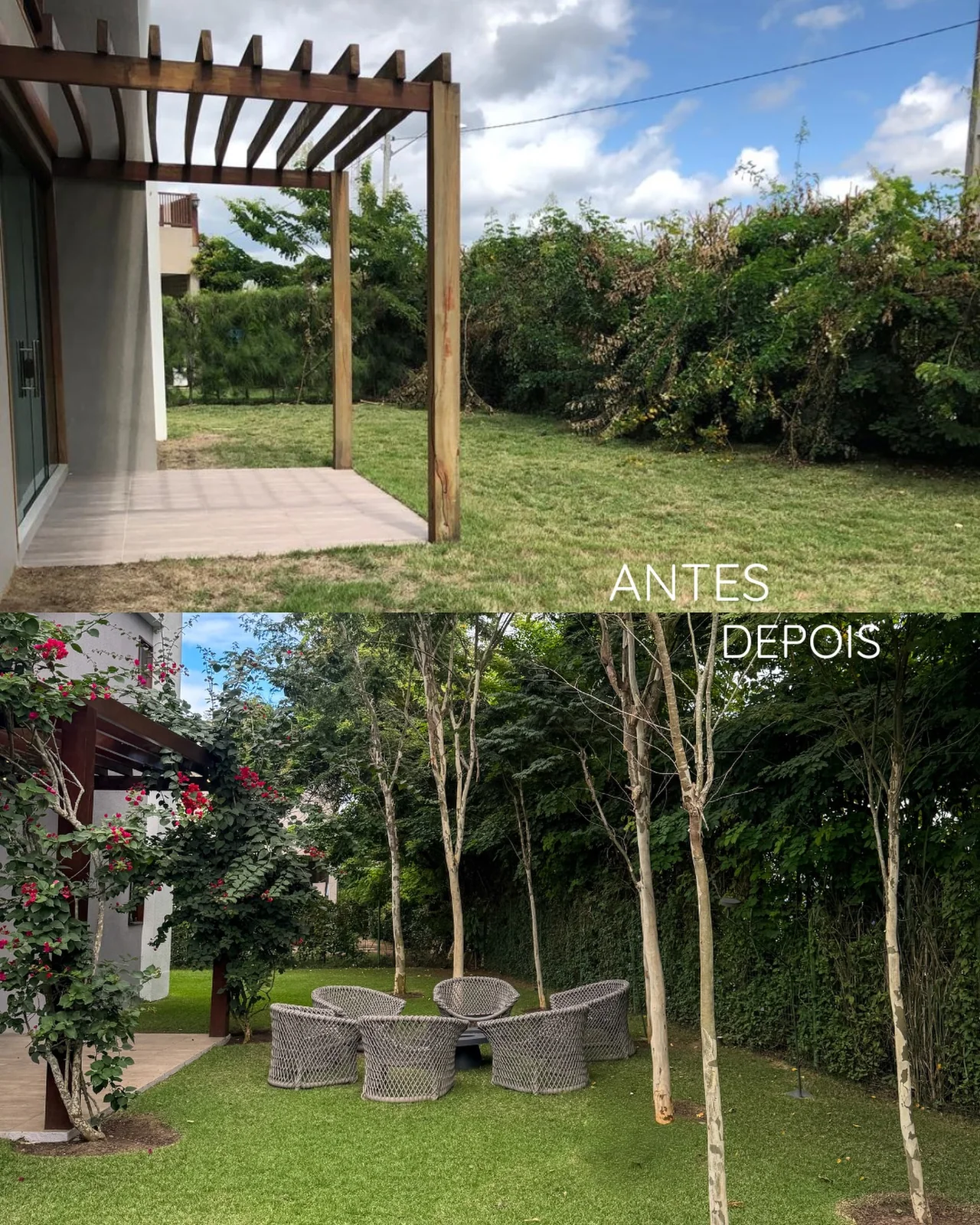 Comparação publicada do jardim: gramado junto ao pergolado e área arborizada com mobiliário.