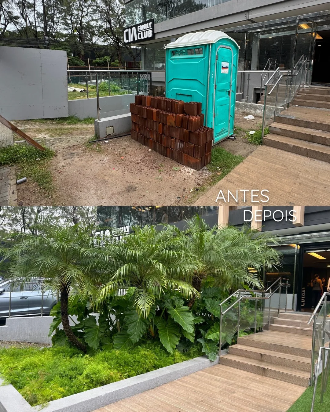 Antes e depois da entrada da Cia Fit Family Club, com vegetação tropical implantada junto à escada.